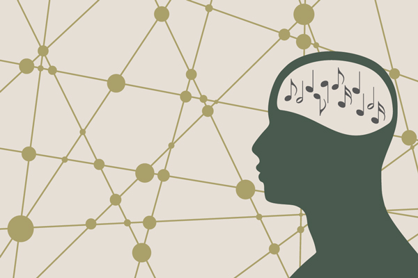 Silhouette of human head with music notes in the brain.