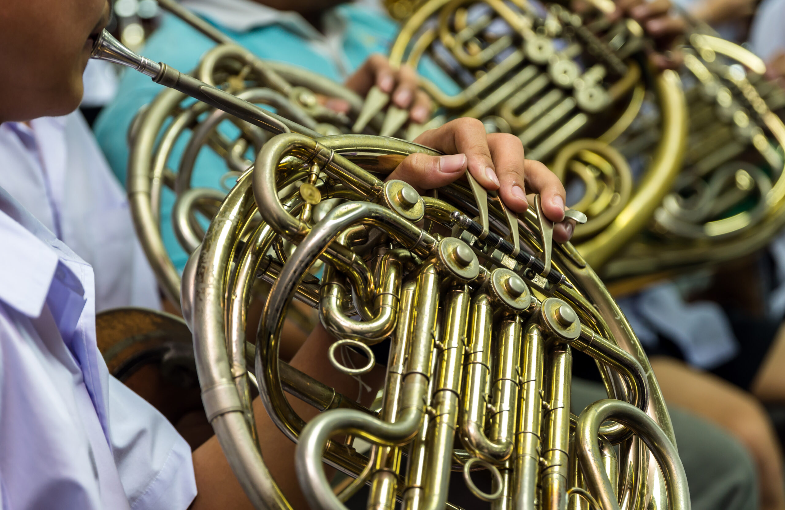 Close up of Horn musical instrument, part of classic music band