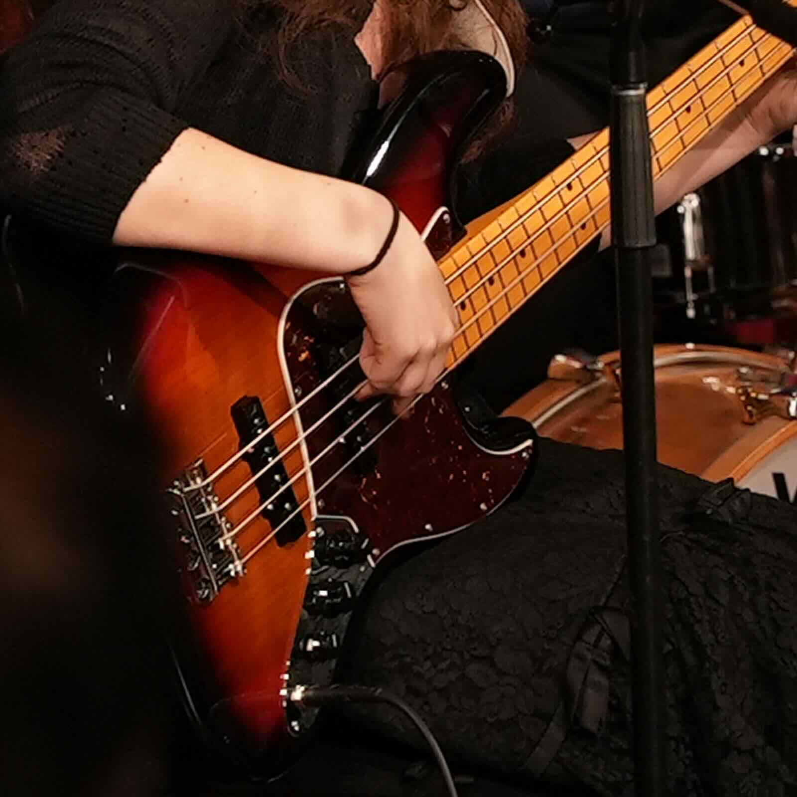 Close-up of an electric bass.