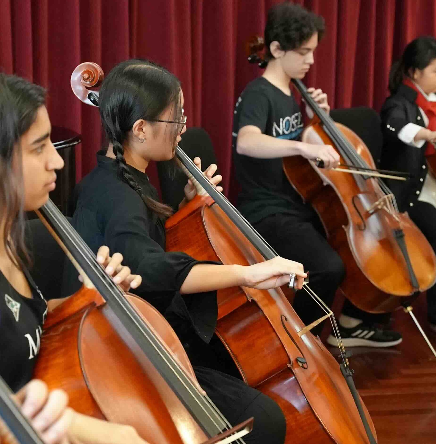 A cello ensemble performing in the Lang.