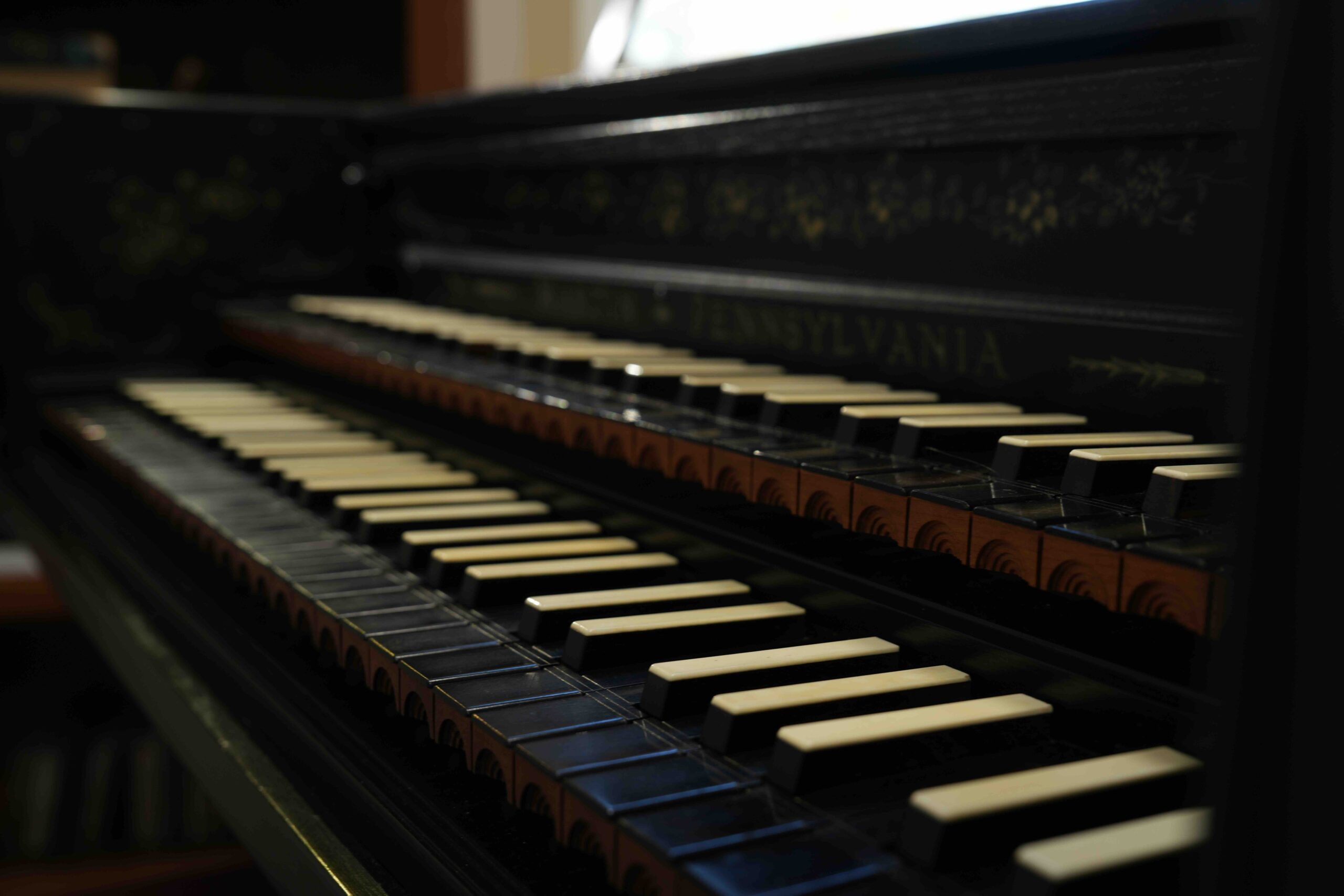 A close-up of keys on a harpsichord.