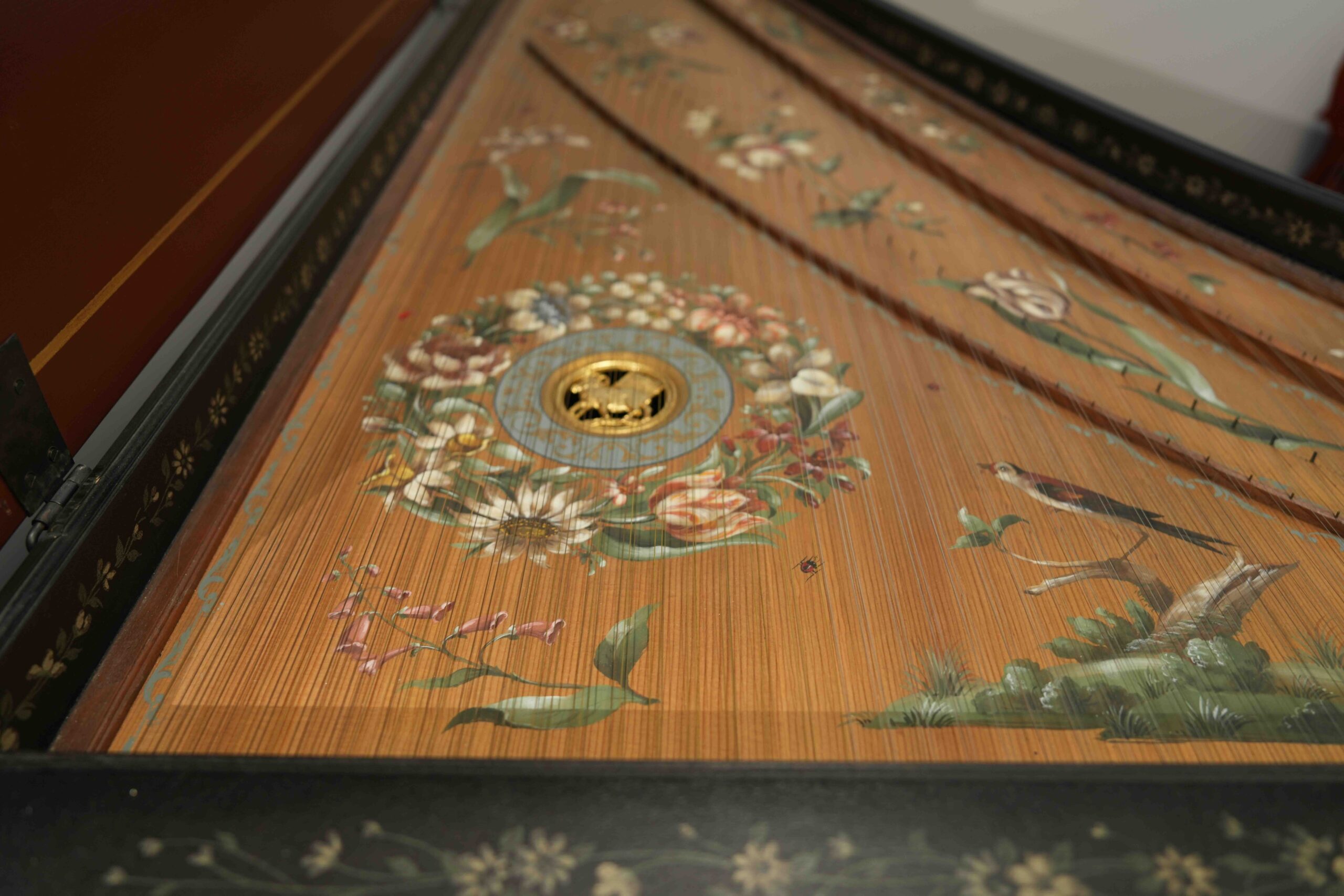 A close-up of a harpsichord's soundboard.