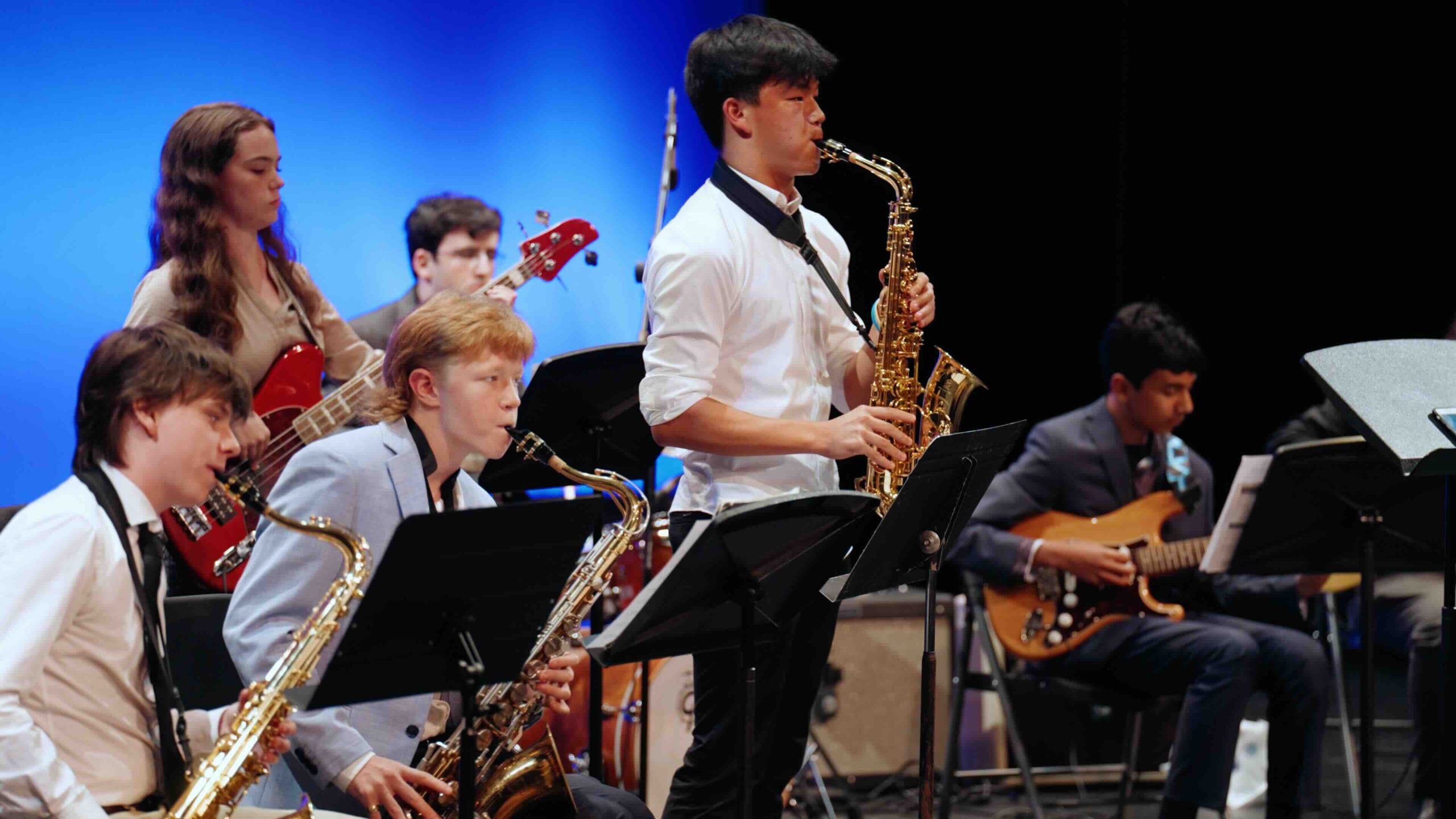 A jazz ensemble performing at the Levine showcase.
