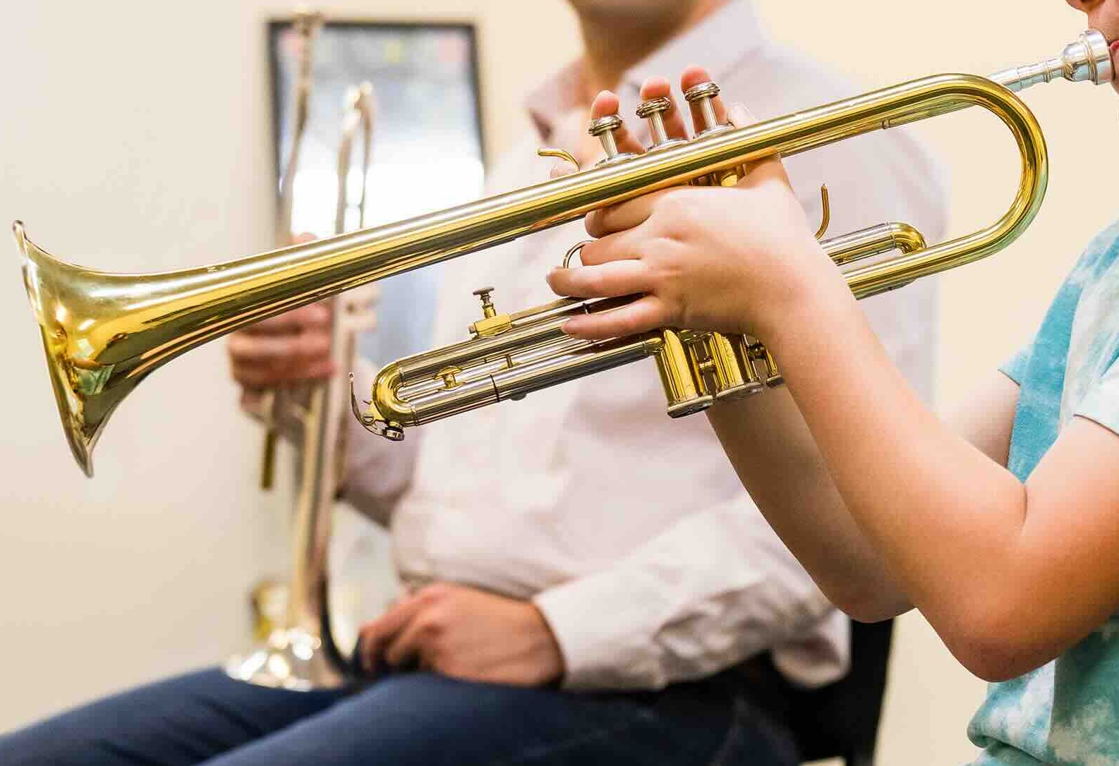 A close-up of a student's trumpet.