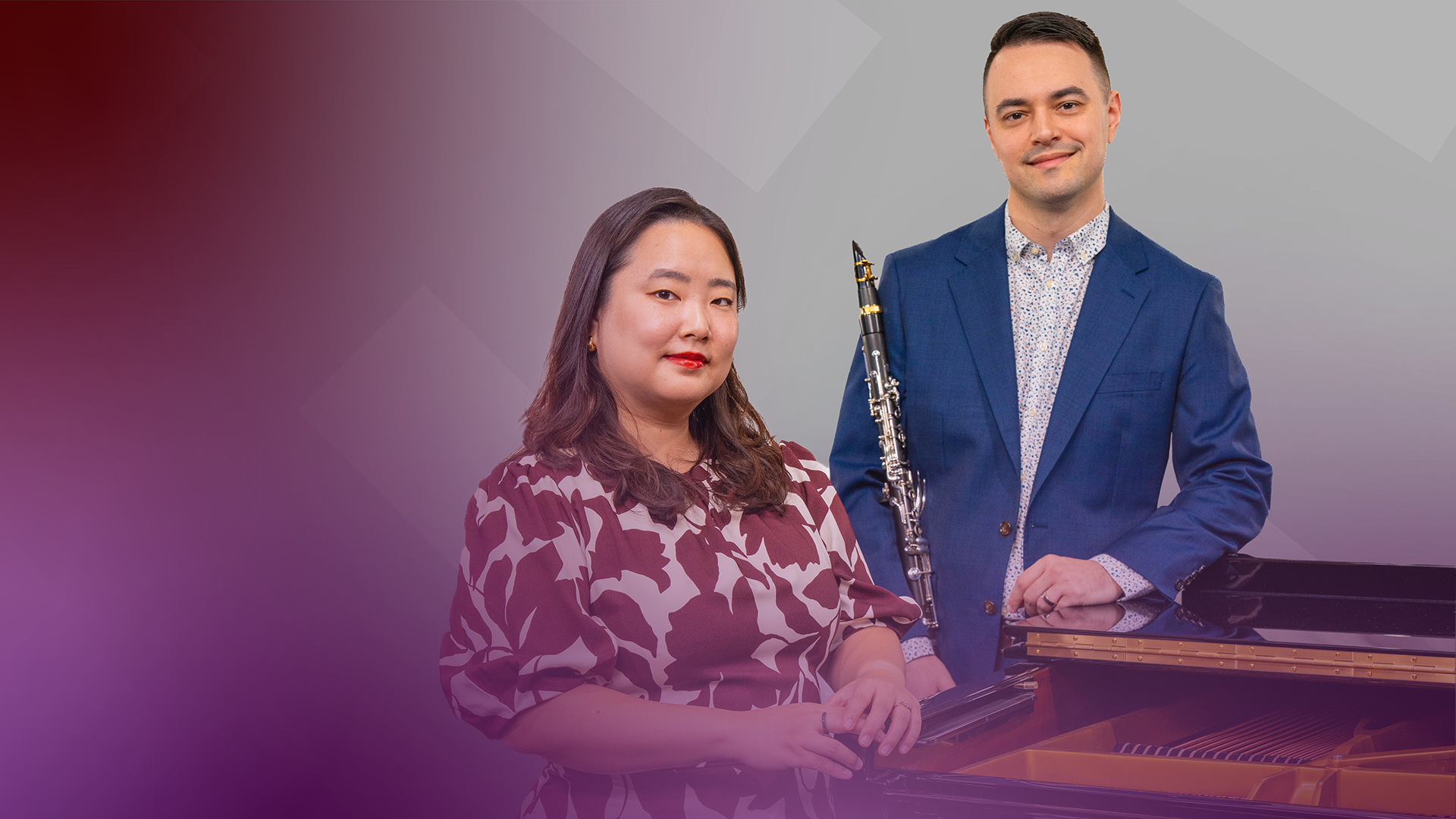 Image of Minji Kim at the piano with Nick Thompson holding a clarinet.