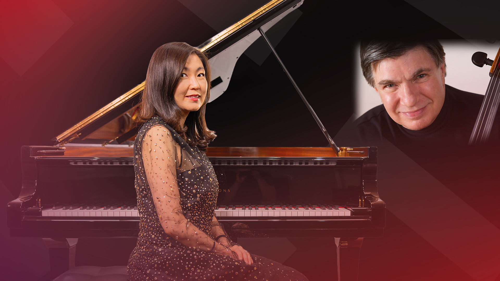 Photo of Jinha Park sitting at the piano with Jeffrey Solow holding a cello.