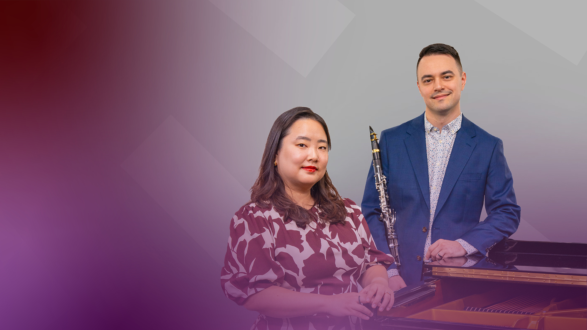 Photo of Minji Kim standing at the piano with Nick Thompson holding a clarient
